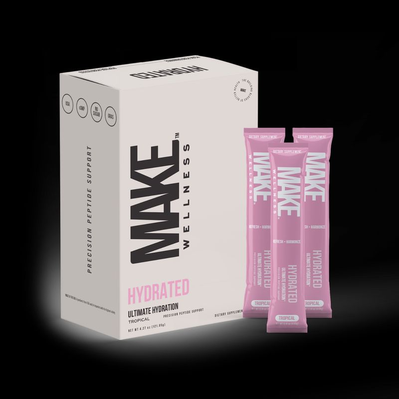 Make Wellness HYDRATED peptide-powered electrolyte stick packs · Tropical